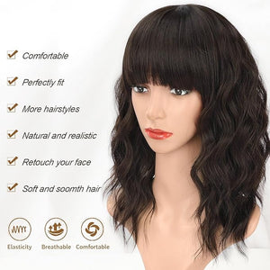 AISI HAIR Natural Brown Synthetic Curly Wavy Bob Wig with Bangs for Women 21-23 Inches