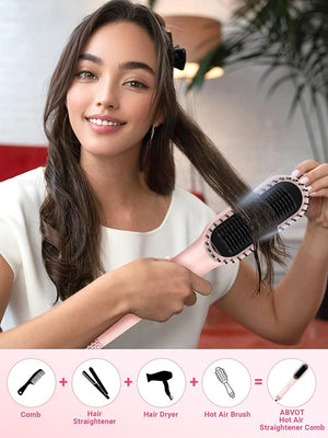 Hair Straightener Brush ABVOT Airflow Ring Hair Straightener Comb Straightening Smoothing Comb with Hot Cooling Air Vents Fast Heat Up Auto Shut Off &amp Anti Scald Shell for Travel Pink