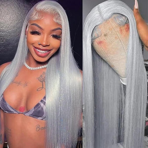 PANDA ANGEL Grey Wig Human Hair Straight 13x4 Grey Hd Lace Front Wigs 30 Inch Straight Full Frontal Wig 180% Density Wear and Go Glueless Human Hair Wigs for Women
