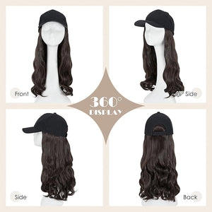 S-noilite Hat Wig for Women Baseball Cap Wig with Long Wavy Synthetic Hair Extensions Attached Adjustable Hat Wigs 16 inch Chocolate Brown