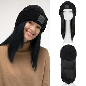 S-noilite Beanie Wig Hair Extensions11 Inch Short Straight Hair Extensions with Knitted Hat Hairpieces for Women Winter Natural Black