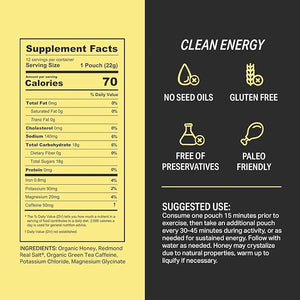 HNY+ Buzz Organic Honey Energy Gel with Electrolytes Magnesium Sea Salt Potassium &amp Green Tea Caffeine Gluten Free &amp Vegan Workout Gels for Gym Running &amp Hiking 50mg Caffeine 12 P