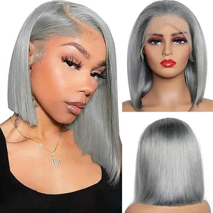 Grey Bob Wig Human Hair, 13x4 Grey Lace Front Wigs Human Hair Pre Plucked Middle Part 14 Inch Lace Frontal Short Bob Wigs for Black Women 14 Inch Glueless Bleached Knots Lace Front Wigs 180% Density