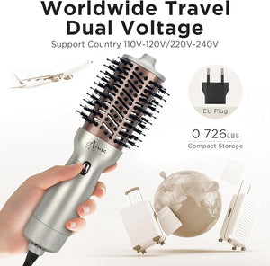 Aima Beauty 4 in 1 Worldwide Travel Hot Air Brush Dual Voltage Blowout Brush Oval Shape 110V-120V/220V-240V Straightener Blow Dryer Brush Ionic Lock Moisture Gift 360¡Æ Swivel Cord Champagne Silver