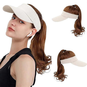 Visor Hat Wig for Women Baseball Cap Wig with Curly Synthetic Hair Extensions Ponytail Cap Wig Sun Hat with Hair Wig