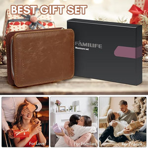 FAMILIFE Manicure Set Nail Clippers Pedicure Tool 8 pcs Stainless Steel Manicure Kit Professional Grooming Tool Nail Kit with Portable Brown Leather Travel Case Luxury Gifts for Men