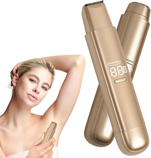 2 in 1 Bikini Trimmer for Women, Dual Head Electric Razor, IPX7 Waterproof Wet/Dry Use Women Electric Shaver, Painless Body Facial Hair Remover for Bikini Legs Arm Underarm,(Golden)