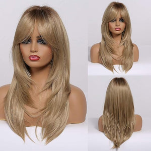 Heat Resistant Wigs Human Hair Mixed Synthetic Long Layered Black Blonde Highlights with Bangs for Women Party Cosplay