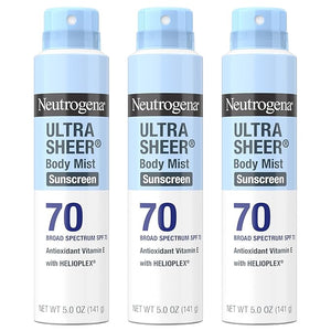 Neutrogena Ultra Sheer Body Mist Sunscreen Spray Broad Spectrum SPF 70 Lightweight Spray Sunscreen Non-Greasy &amp Water Resistant Oil-Free &amp Non-Comedogenic UVA/UVB 5 oz Pack of 3