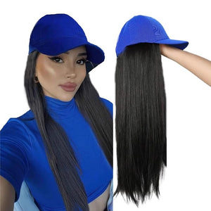 Sun Hat Wig for Women Baseball Cap with Hair Extensions Attached 22 Long Wavy Straight Hairpieces Synthetic Wig