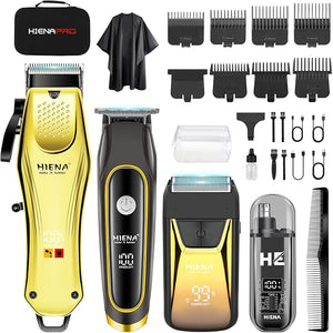 HIENA PRO Hair Clippers for Men Professional Cordless Barber Clipper &amp T-Blade Beard/Hair Trimmer Set Electric Razor Foil Shaver Nose Trimmer Barber Kit Men's Hair Cutting Kit (Black Gold)