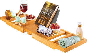 Wooden Bathtub Tray - Foldable &amp Expandable Bamboo Bath Tray for Tub with Wine Holder Book &amp Tablet Stand - Bath Caddy Tray for Bathtub Spa Bath Accessories for Women Tub Tray Table