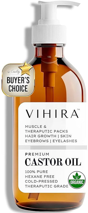 Premium Organic Castor Oil (16oz | Premium Glass Bottle) Cold Pressed 100% Pure Extra Virgin Hexane Free for Hair Growth Eyelash Eyebrow Cuticles Nails Skin Belly Button Muscle &amp Welln