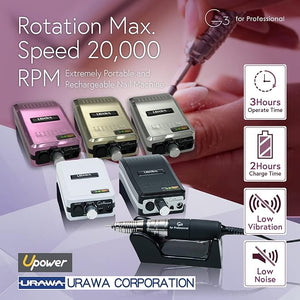 [Upower] G3 Professional Nail Drill Machine 20000 RPM Electric File for Nails Rechargeable Portable Nail Machine Low Noise &amp Low Vibration (Made in Japan) Produced by URAWA Corp. [Black]