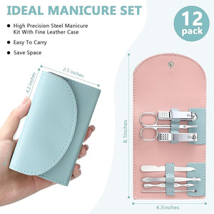 12 Set Manicure Set Bulk Mini Manicure Nail Clipper Kit 7 in 1 Stainless Steel Professional Nail Care Pedicure with Travel Portable Bag Grooming Kits for Christmas Women Men Home(Green)