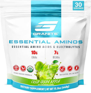 Granite Essential Amino Acids Powder Green Apple Flavor with 10g EAAs and 7g BCAAs Supports Muscle Recovery &amp Growth Soy-Free Gluten-Free (30 Servings)
