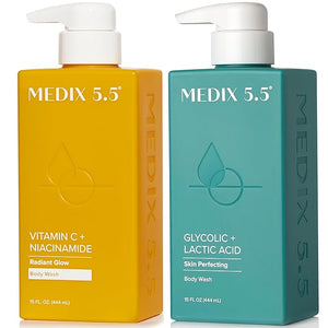 MEDIX Glycolic Acid + Lactic Acid Body Wash &amp Vitamin C Body Wash 2PC Skincare Bundle | Exfoliating Face Cleanser For Women Keratosis Pilaris &amp Acne + Radiant Glow Vitamin C Cleanser 2PC Se
