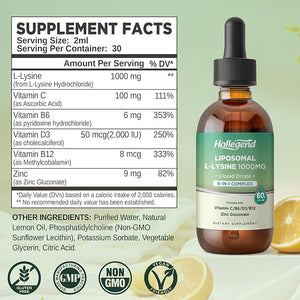 Liposomal L-lysine 1000MG Liquid Drops Lysine Supplement for Women &amp Kids with Vitamin C B6 D3 B12 &amp Zinc Gluconate Skin &amp Lip Health Immune &amp Collagen Production Support Lemon