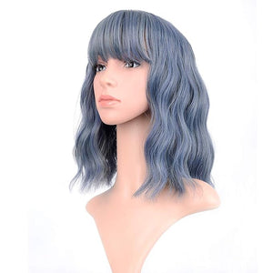 FAELBATY Blue Wigs With Air Bangs Shoulder Length Short Wave Wig For Women Curly Wavy Synthetic Cosplay Wig Blue Wig for Girl Halloween Costume Wigs (12 Dusky Blue Color)