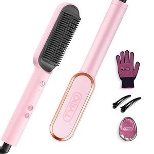 Hair Straightener Brush, TYMO Ring Hair Straightener Comb Straightening Brush for Women with 5 Temps 20s Fast Heating &amp; Dual Voltage, Pink