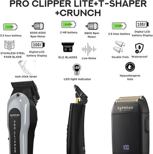 Supreme Trimmer 3-in-1 Barber Bundle | Pro Clipper Lite, DLC T-Shaper Trimmer &amp; Crunch Foil Shaver | Professional Beard Trimmer Men¡¯s Hair Clipper Kit | Black Lite Bundle