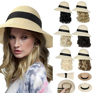 Sun Hat Straw Hat Wig Detachable Adjustable Cap with 12 Inch Synthetic Wavy Hair Extensions Foldable for Women Summer Beach Outdoors Ash Blonde