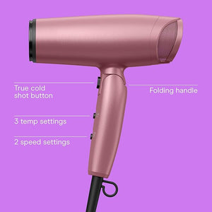 Conair Hair Dryer with Diffuser and Folding Handle, 1875W Travel Blow Dryer with Concentrator, Radiance Boost with Nano-Quartz Ceramic for Less Frizz, More Shine, and Silky Hair, Dusty Rose