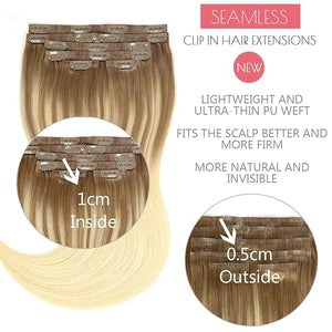 Loxxy Hair Extensions Clip in Human Hair Seamless Clip in Human Hair 14inch Light Brown Fading To Platinum Blonde Balayage Clip In Real Hair Extensions Natural Straight Ultra Thin Weft 110G 7Pcs #8/60