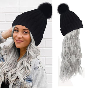 Women Winter Beanie Hat with Wig Big Wavy Curly Hair Extensions Knit ski Snow Cap Attached Party Daily Weddings Wig