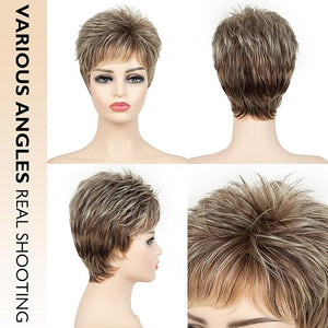 SEVENCOLORS Short Pixie Cut Wigs for White Women Mixed Blonde Short Wigs with Brown Roots Synthetic Natural Hair Wigs for Women