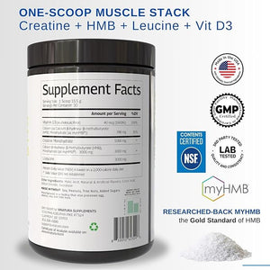 VINATURA HMB Creatine Leucine Powder - 5g Creatine Monohydrate 3g HMB Supplement 3g L-Leucine - Vitamin D3 Vegan Lemonade Flavor Muscle &amp Strength Support - 30 Servings