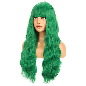 BERON Green Wigs Curly Wavy Women Wigs with Bangs Dark Green Color Heat Resistant Synthetic Wig for Costume Cosplay or Daily Wigs Wig Cap Included