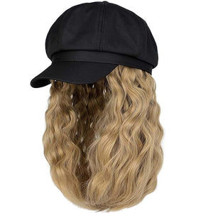 YEKEYI Beret Hat with Hair Newsboy Cap with Bob Hair Extensions Hat Wig Visor Beret Short Curly Wavy Hairpiece for Women