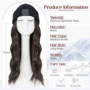 S-noilite Beanie Wig Hair Extensions18 Inch Long Wavy Hair Extensions with Knitted Hat Hairpieces for Women Winter Medium Brown