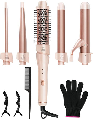 ANIEKIN 5 in 1 Curling Iron Set Fast Heat Up Curling Wand from 3/8 to 1 1/4 Inch and a Thermal Brush Come with Dual Voltage Hair Curler for Women All Hair Types and Travel Use Gifts for WomenPink