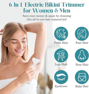 PELCAS Bikini Trimmer for Women Kit 6 in 1 Electric Shaver Cordless Razors Nose Hair Trimmer Shaver for Women &amp Men Pubic Hair Private Area Legs Face Nose Eyebrow Body Hair Removal