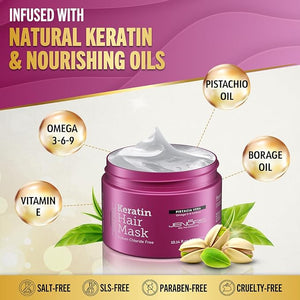 Jenoris Keratin Hair Mask for Dry Damaged &amp Frizzy Hair ? Deep Conditioning Treatment with Natural Omega 3-6-9 Complex &amp Pistachio Oil Salon-Professional Paraben &amp SLS Free 8.45 Fl Oz