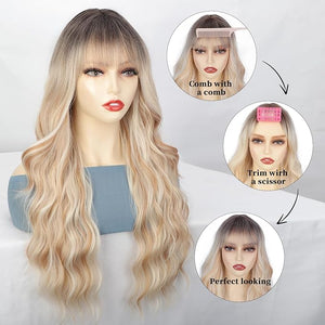Lativ Ombre Blonde Wig With Bangs Long Wavy Curly Blonde Wig with Dark Roots Heat Resistant Synthetic Wigs for Women Daily Use 26 Inches