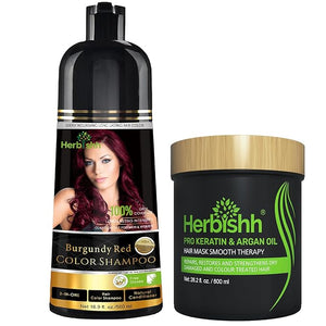 Herbishh Burgundy 3 in 1 Hair Dye Shampoo Keratin &amp Argan Oil Hair Mask for Dry Damaged Hair 800 ML