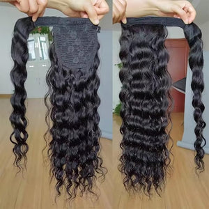 Corn Wave Ponytail Human Hair Extension Black Color Brazilian Hair Clip in Wrap Around Water Wave Human Hair Ponytail 10A Grade Full Thick Bouncy Hair 16 Inch