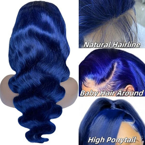 Blue Lace Front Wigs Human Hair 34 Inch 180% Density Body Wave 13x4 Lace Frontal Wigs for Black Women Dark Blue Colored Glueless Wig Pre Plucked with Baby Hair