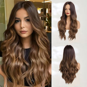 Haoland Long Ombre Brown Wavy Wig for Women 26 Inch Middle Part Curly Women's Charming Synthetic Wig with Natural Wavy Brown Heat Resistant Hair for Wedding Daily Party Use