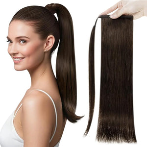 Full Shine Pony Tails Hair Extensions Human Hair Natural Short Wrap Around Dark Brown Clip in Ponytail Human Hair Ponytail Extension For Women 70g 14 Inch