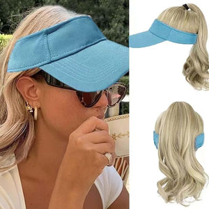 Visor Hat Wig for Women Baseball Cap Wig with Curly Synthetic Hair Extensions Ponytail Cap Wig Sun Hat with Hair Wig