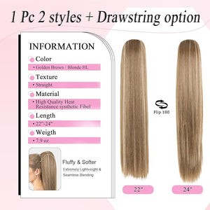 Ponytail Extension 24 Long Straight Claw Clip Ponytail Extension clip on ponytails hair clip Hair claw clip Fake Ponytail Hairpieces for Women - Golden Brown with Blonde HL