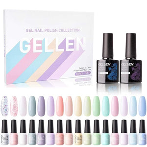 Gellen 16 Colors Gel Nail Polish Kit, with Top Base Coat - Fresh Macaron Girly Colors Collection, Popular Bright Nail Art Solid Sparkle Glitters Colors Home Gel Manicure Set