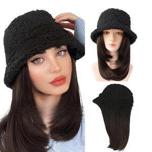 Women Winter Lambs Wool Bucket Cap with Wig Fisherman's Cap Wig Winter Warmth Beanie Fake Straight Hair