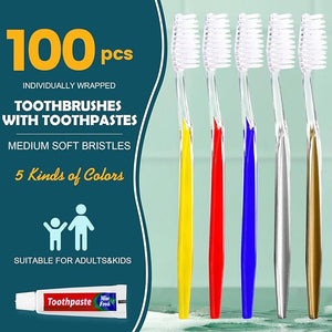 Navona 100 PCS Travel Toothbrush and Toothpaste Set Travel Toothpaste Bulk Toothpastes Individually Wrapped Bulk Toothbrush Ergonomics HandleMedium Soft Bristle Perfect for Hotel