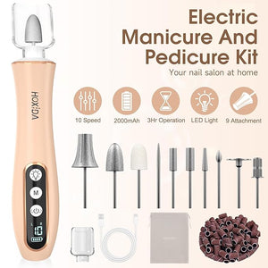 Professional Manicure Pedicure Kit with 360¡Æ LED Light&amp10 Speeds&ampMemory Mode with Case Cordless Electric Nail Drill Pedicure Tools for feetHand Foot Care Nail File for Thick Nail Toenail Cu