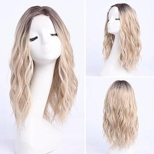 Middle Length Ombre Blonde Wavy Wigs for Women 18 Inch Middle Part Blond Wavy Wig Medium Natural Looking Synthetic Heat Resistant Fiber Wig for Daily Party Use (18 inch)